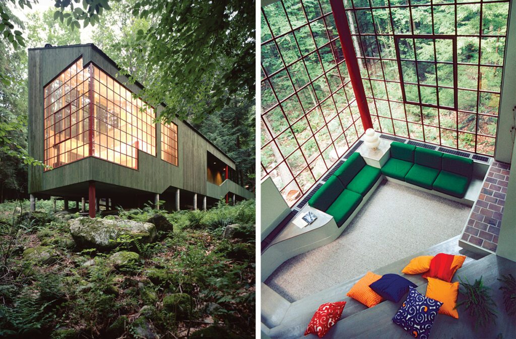 An exterior and interior image of Peter Bohlin's Forest House