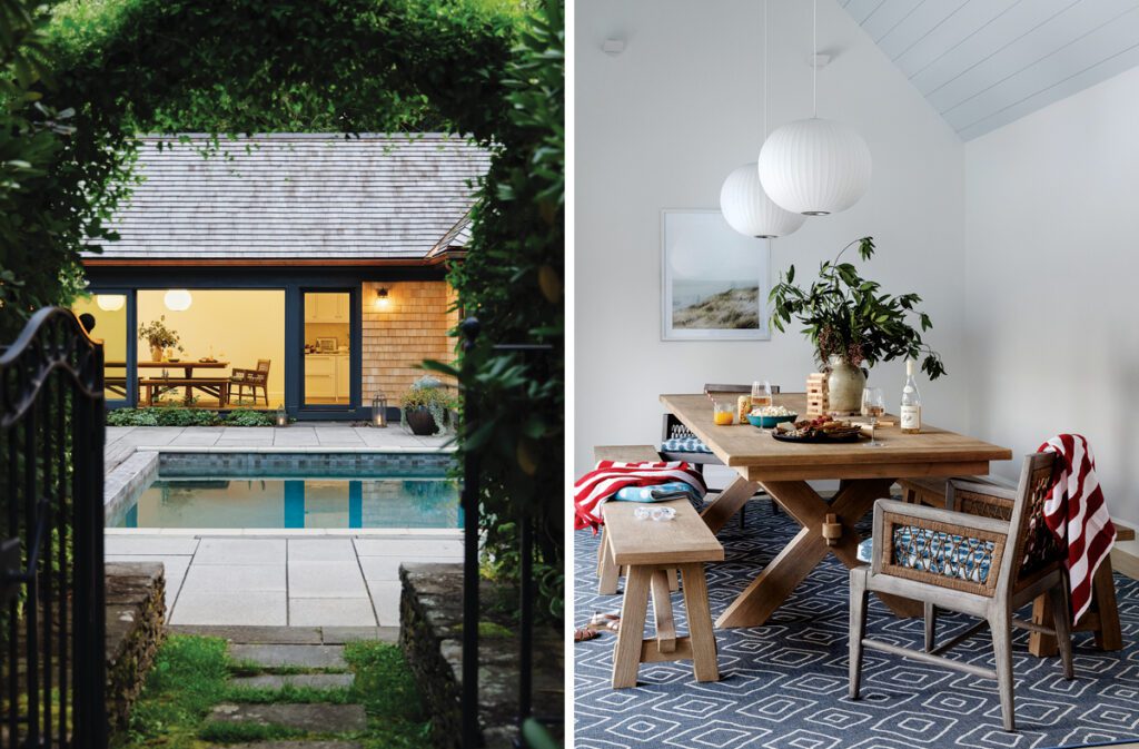 A pool house at twilight and the dining area of that pool house