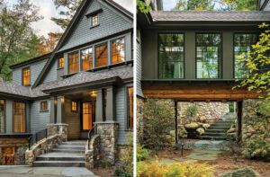 Shingle-style home with stone foundation, front porch, and warm interior lighting at dusk.