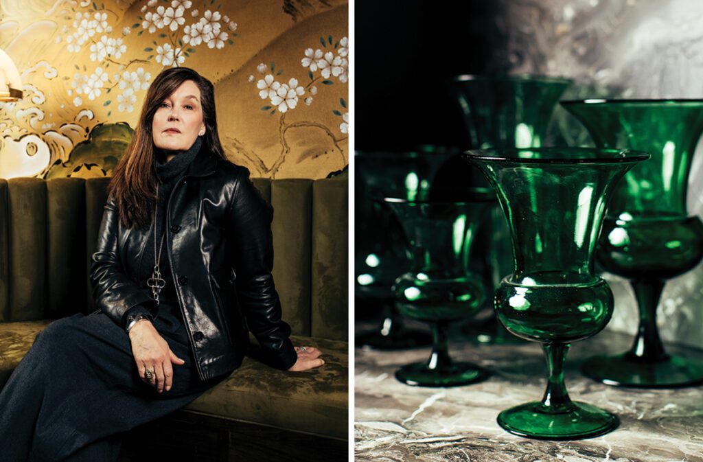 Two images one of Kristin Patton and the other of colored green glasses