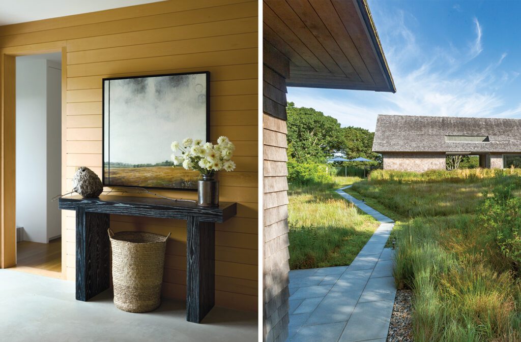 Two images of a contemporary Martha's Vineyard home with a natural landscape