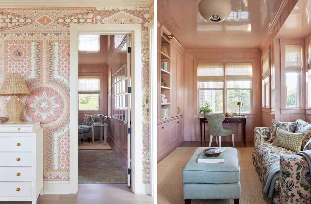 Two images of a pink primary bedroom suite