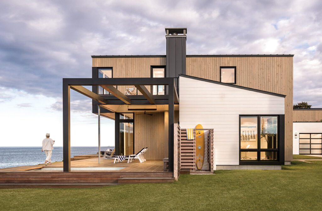 Modern coastal Maine home at twilight