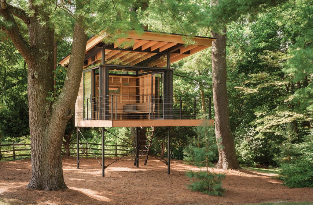 Modern treehouse with glass walls and cedar siding suspended among pine trees.