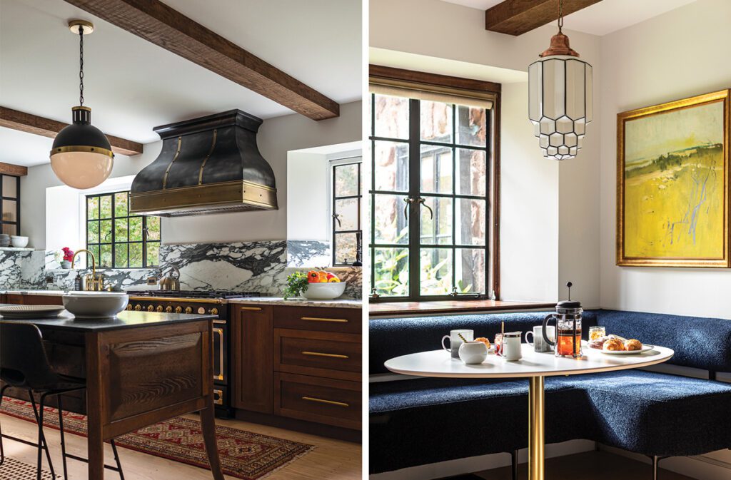 Two images of a contemporary Tudor-style kitchen