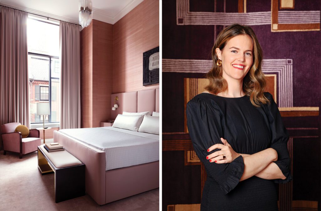 Designer Alexandra MacMillan wearing a black dress and standing in front of a plum geometric rug design.