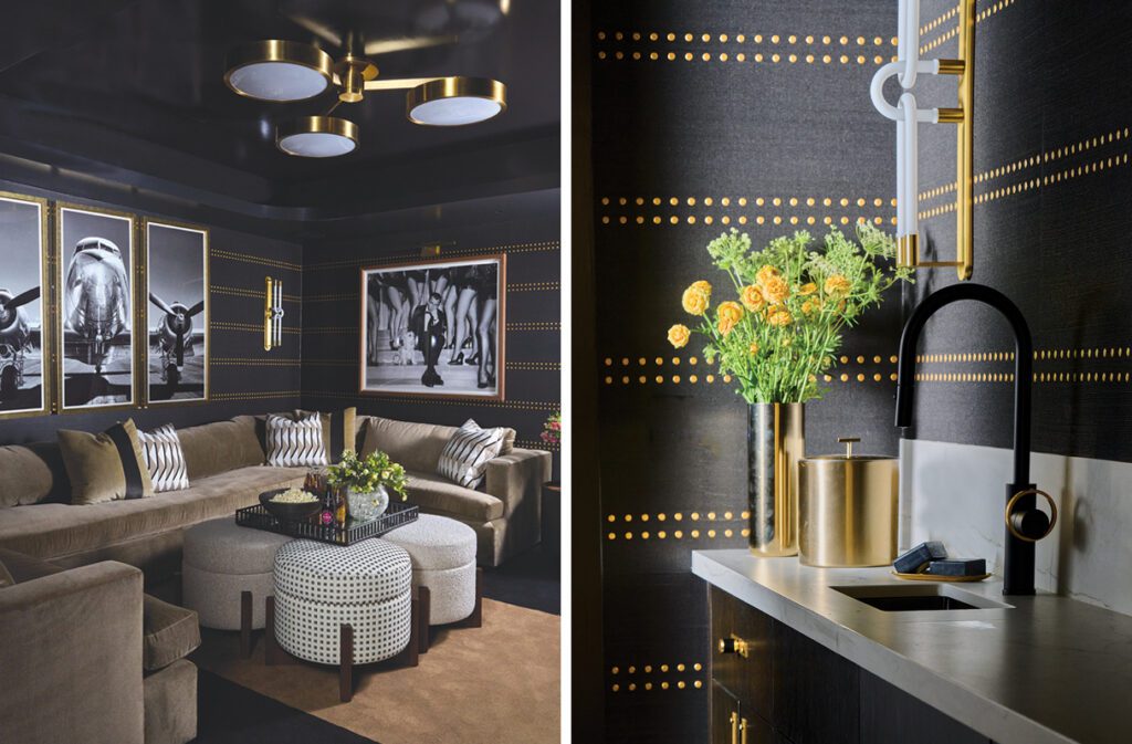 Dark contemporary lounge with charcoal walls, curved sectional sofa, black-and-white photography, and brass ceiling light.
